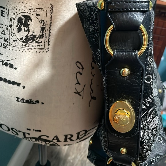 Fake designer black & gray logo w/gold metal accent studs, shoulder purse - Picture 2 of 15